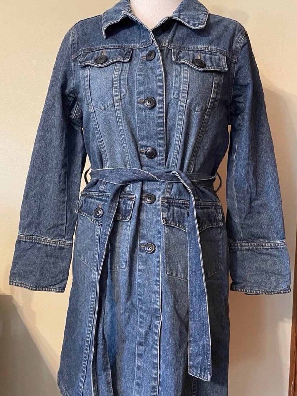 Willi Smith Dark Blue Denim Trench Coat with Waist Tie